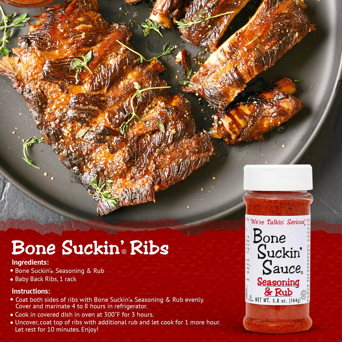 Bone Suckin' Seasoning & Rub, Original Blend, 5.8 Oz, Grilling Rubs, Dry Pork Rub, Gluten-Free, Non-GMO, Kosher, Great on Ribs, Pork, Beef, Chicken