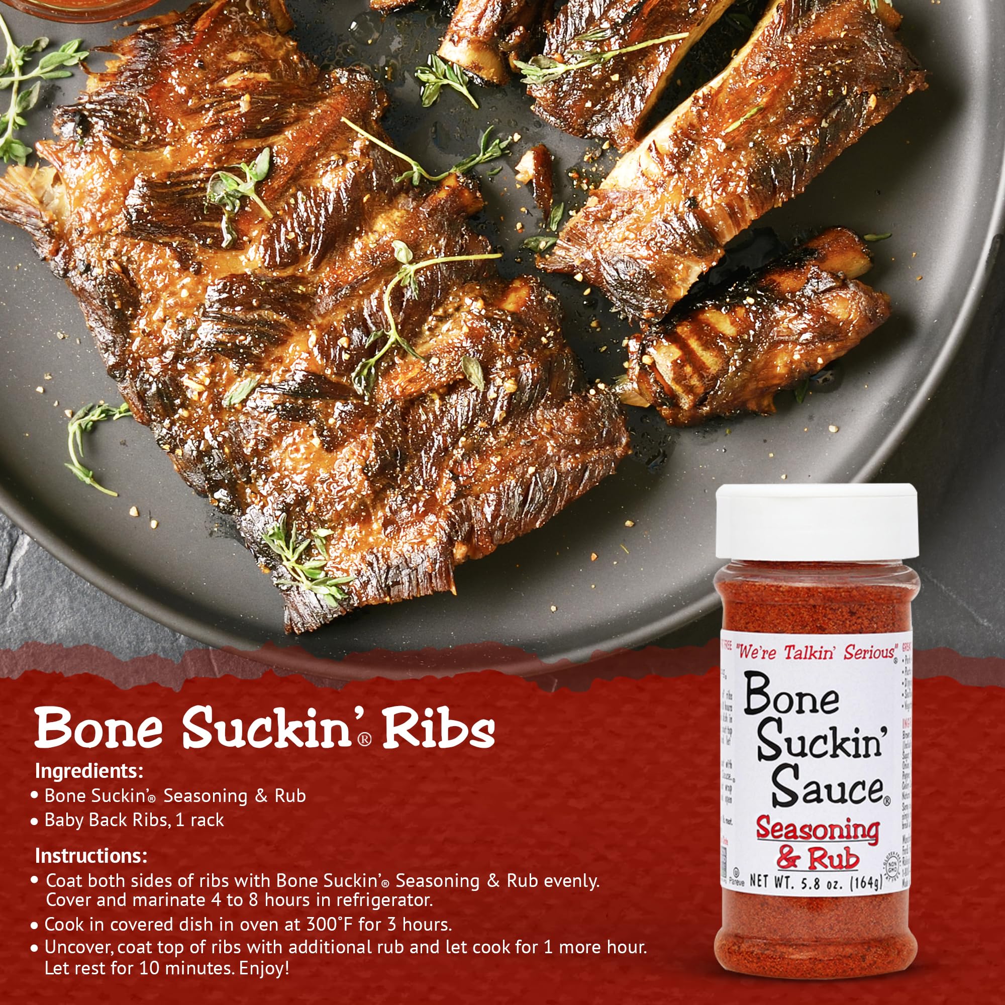 Bone Suckin' Seasoning & Rub, Original Blend, 5.8 Oz, Grilling Rubs, Dry Pork Rub, Gluten-Free, Non-GMO, Kosher, Great on Ribs, Pork, Beef, Chicken