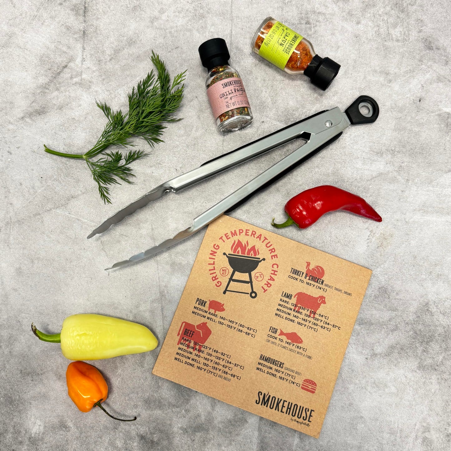 Smokehouse by Thoughtfully, Grilling Spices BBQ Set, Includes BBQ Tongs, Magnet and 15 Flavorful Seasoning and Rubs - Great Gift for Holiday, Men