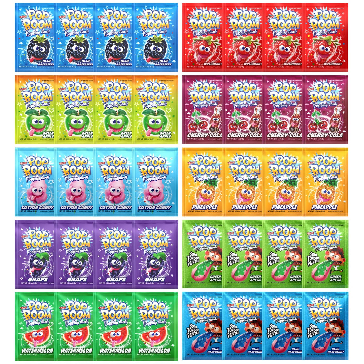 Pop Boom Popping Rocks Candy - Variety Pack of 40 - Ten Different Flavors (0.33 oz each) | OU Kosher - Dairy Free
