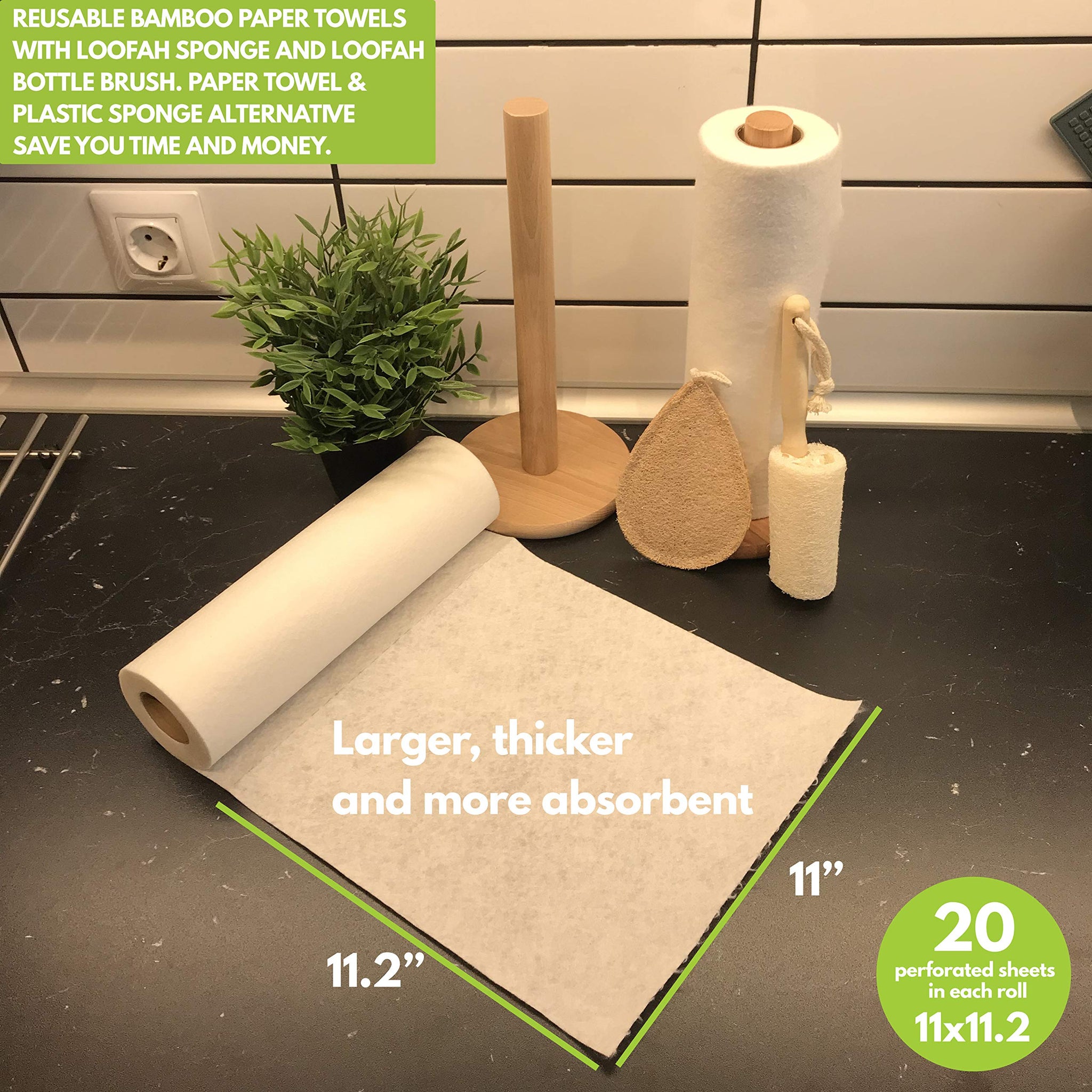 Bamboo Rayon Paper Towels | Washable Reusable Paper Towels, 2 Rolls,(40 Sheets)1 Year Supply & Loofah Sponge & Dish Scrub Brush | Eco Friendly Paper