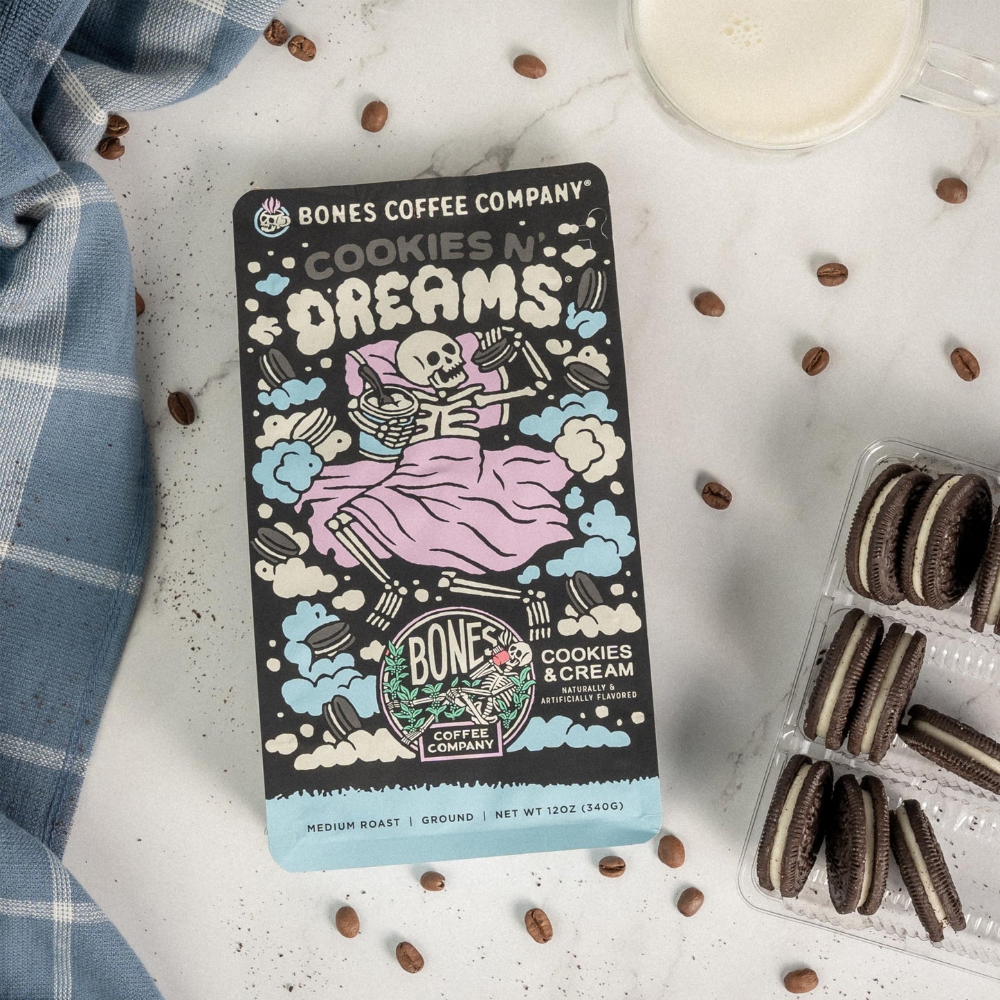 Bones Coffee Company Cookies 'N Dreams Cookies and Cream Flavored Coffee, Medium Roast Low Acid Arabica Beans Compatible with Auto drip and French