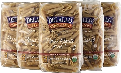 DeLallo Organic Whole Wheat Penne Rigate #36,1 Pound (Pack of 16)