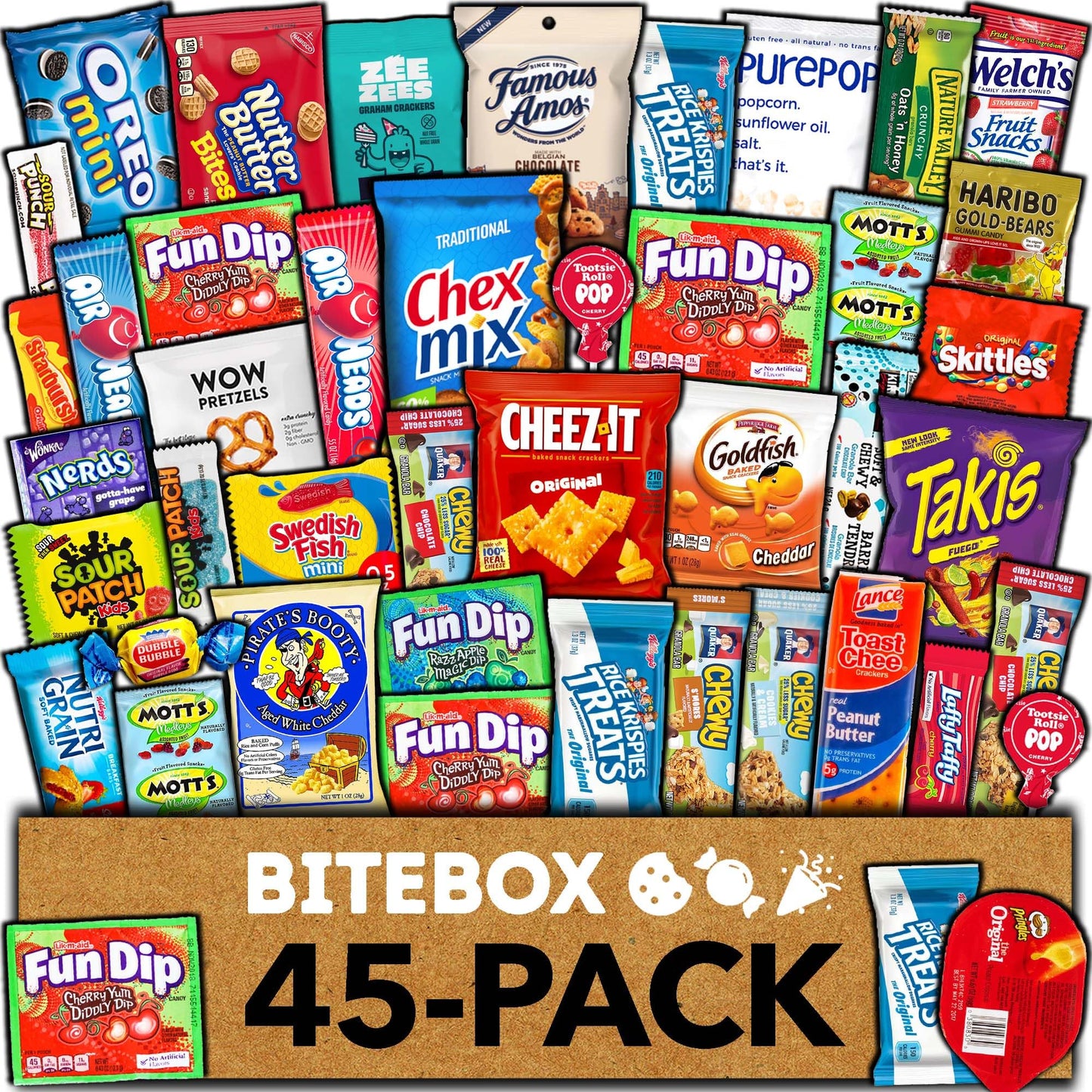 BITEBOX Snack Box (45 Count) Variety Pack Care Package Gift Basket Adult Kid Guy Girl Women Men Birthday College Student Office School Graduation