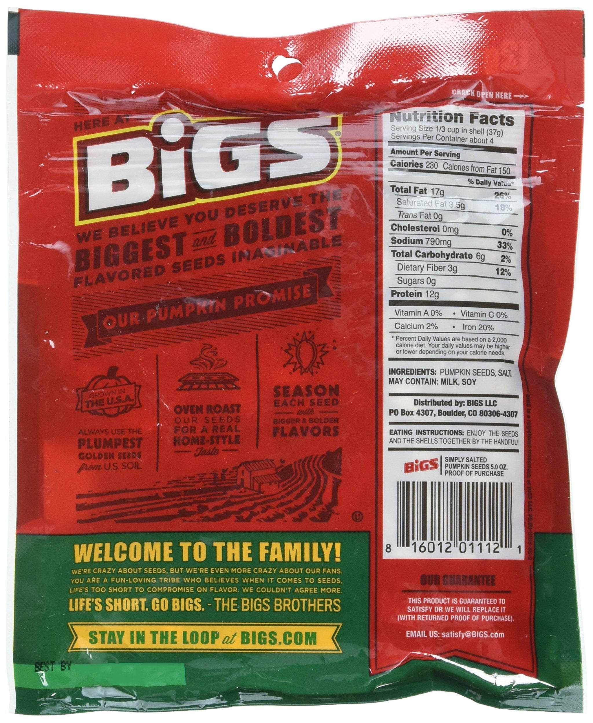 Bigs Simply Salted Pumpkin Seeds Home - style Roast , 5 Ounce - 12 per case