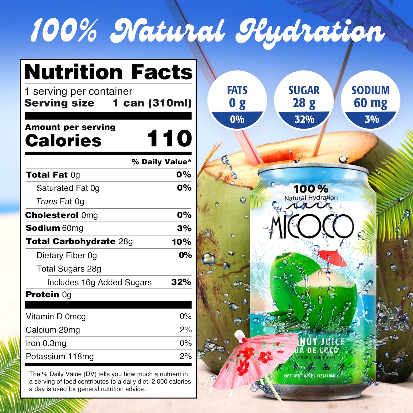 MICOCO Coconut Juice, 60% Juice, With Pulp, 10.5 Fl Oz (Pack of 24)