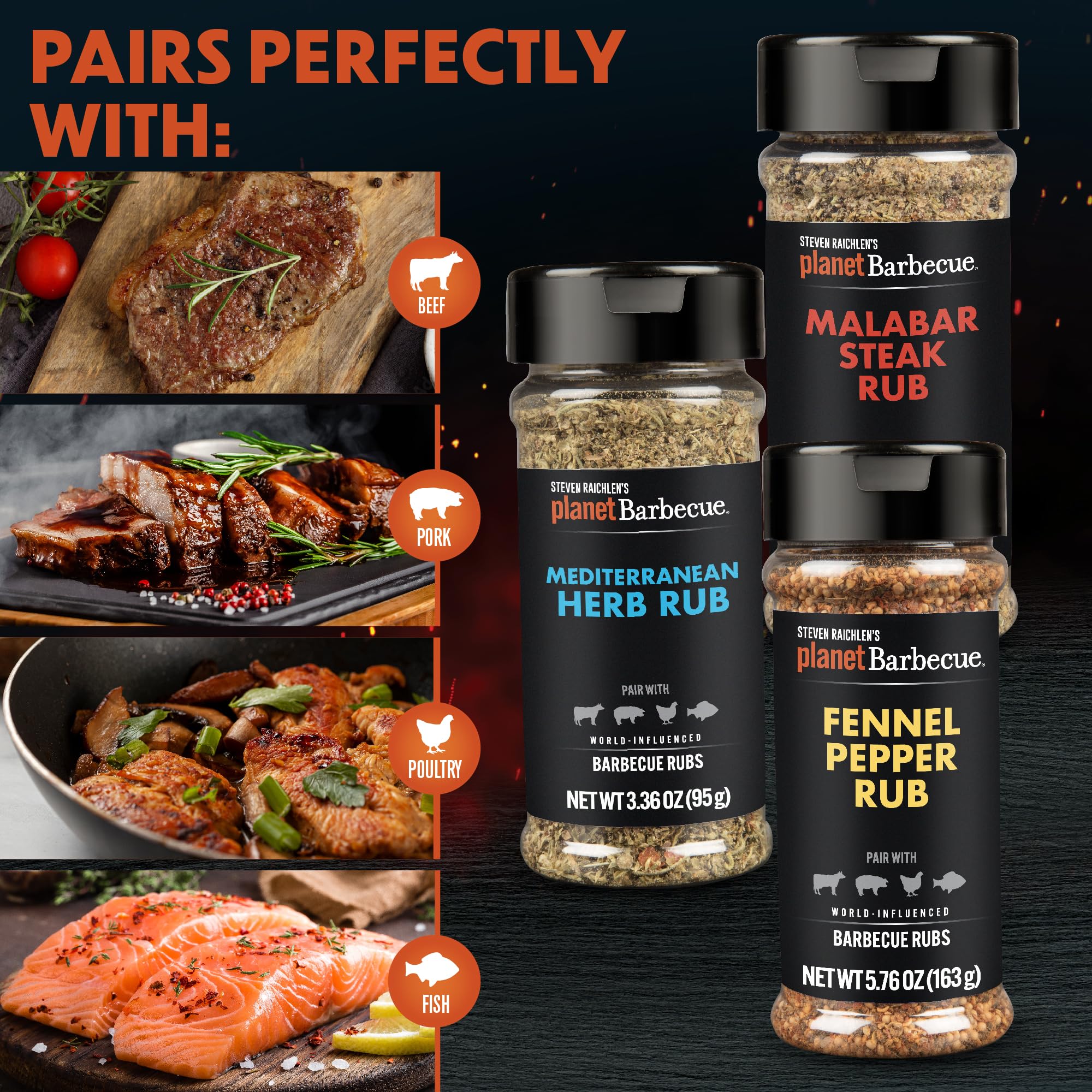 Steven Raichlen's Planet Barbecue Gourmet BBQ Rubs & Spices Gift Box 3 Pack- Grill Seasonings Set with International Flavors- Summer Cookout Essential