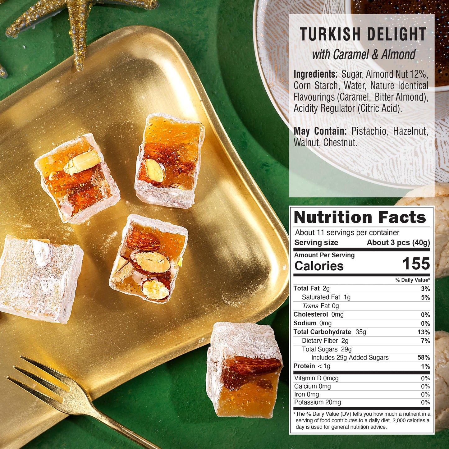 HazerBaba Turkish Delight Candy with Crunchy Almond, 16oz (Pack of 1)