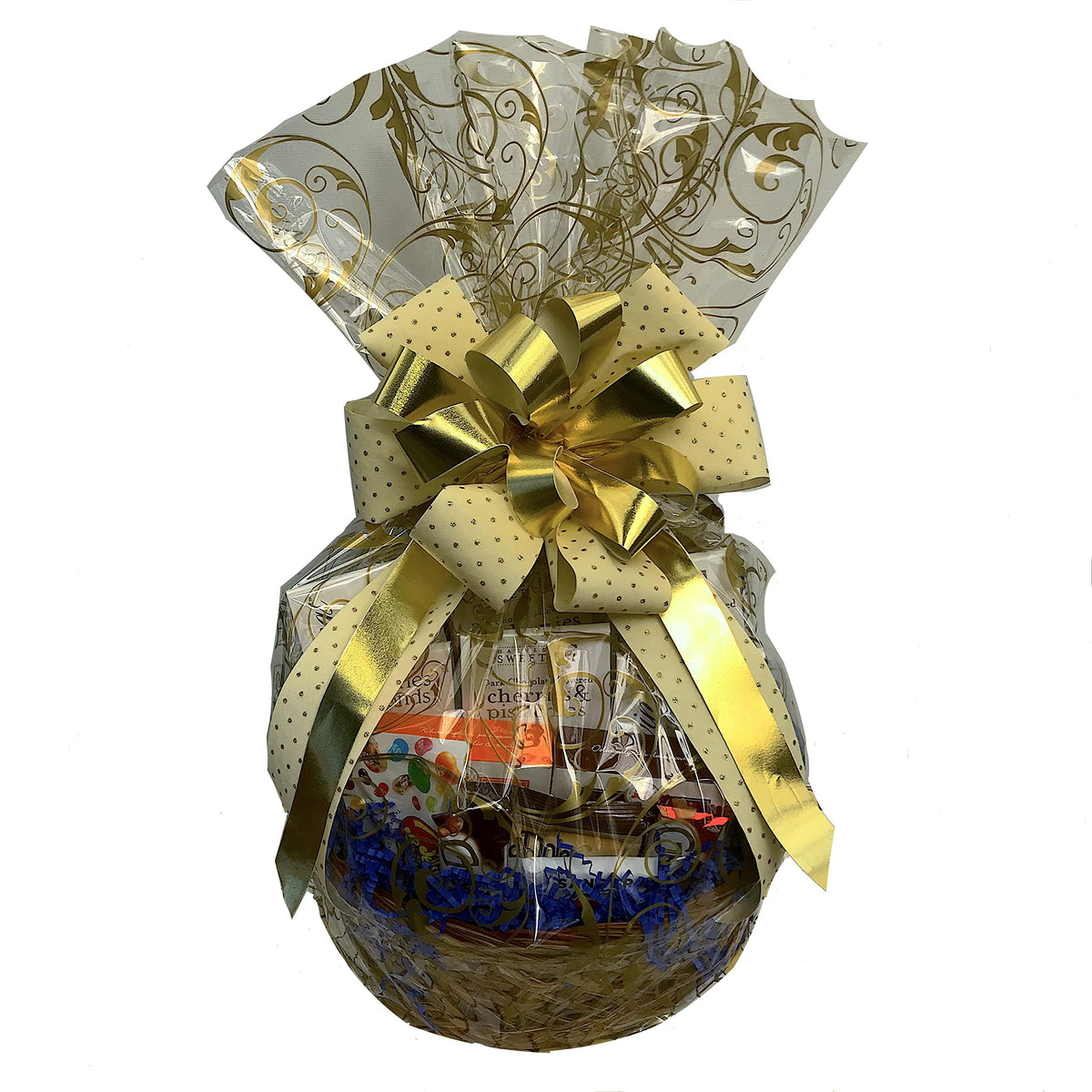 Hand-Crafted 38 Piece customizable chocolate gift basket of gourmet chocolates, cookies, and crunches. Tasty treats selected for businesses, clients