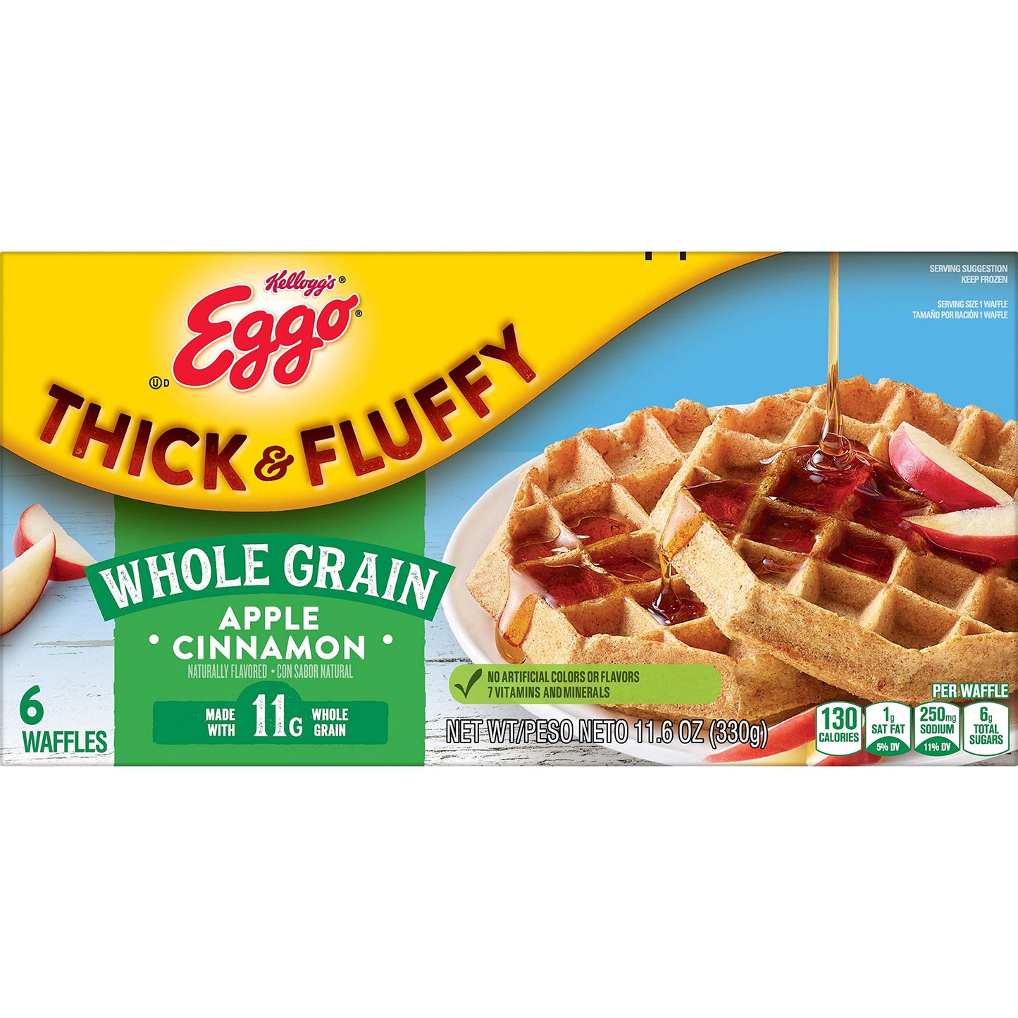 Eggo Thick and Fluffy Frozen Waffles, Frozen Breakfast, Resealable, Belgian Style, Apple Cinnamon, 11.6oz Box (6 Waffles)