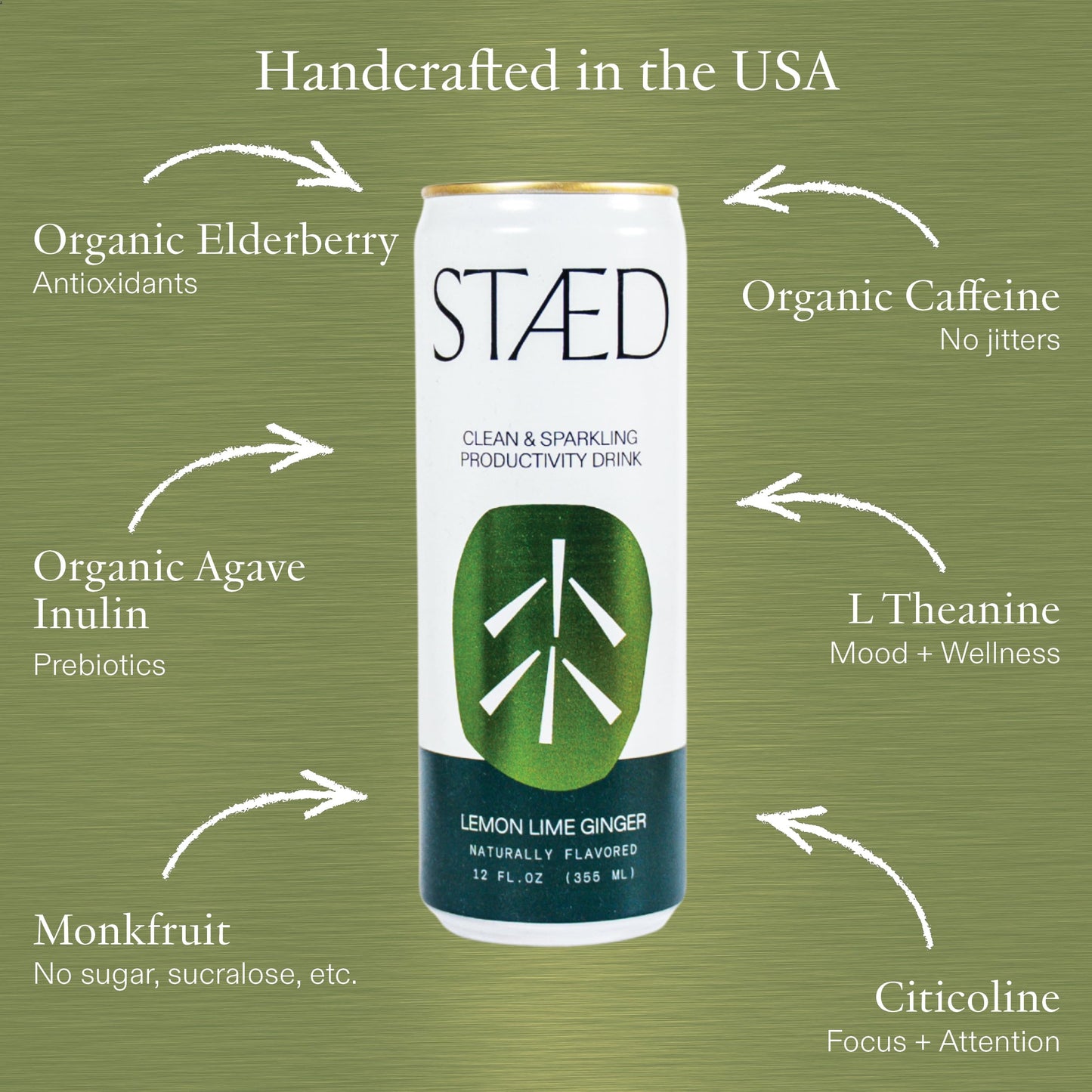 STAED Organic Energy Drinks, Clean Natural Productivity Drink with Cognizin® Citicoline & L-Theanine, Sparkling Functional Beverage, Clean Caffeine