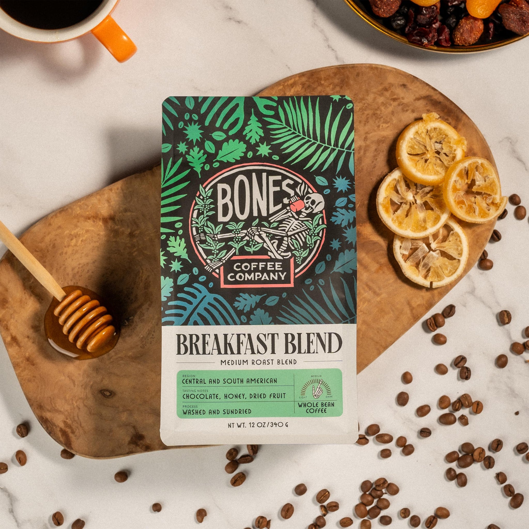 Bones Coffee Company Breakfast Blend, Chocolate, Honey and Dried Fruit Notes, Unflavored Coffee, Medium Roast Low Acid Arabica Beans Compatible
