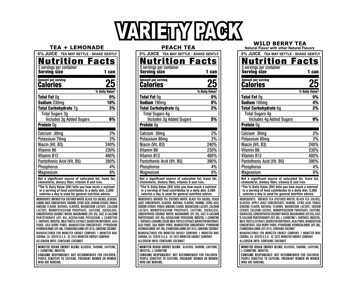 Monster Energy Rehab LPWBT, Variety Pack, Energy Iced Tea, 15.5 Ounce