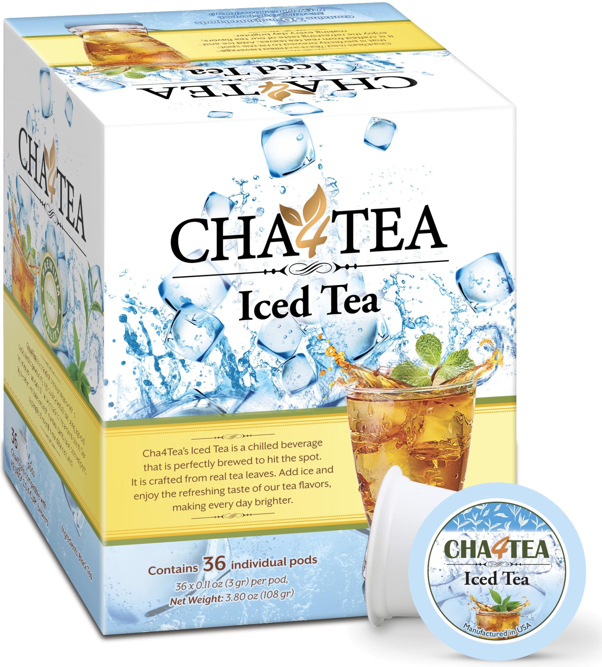 Cha4Tea 36-Count Premium Ice Black Tea K-Cups, Unsweetened Brew Over Ice Tea Pods Compatible with Keurig 2.0, Bold & Full-Bodied Single Serve Tea