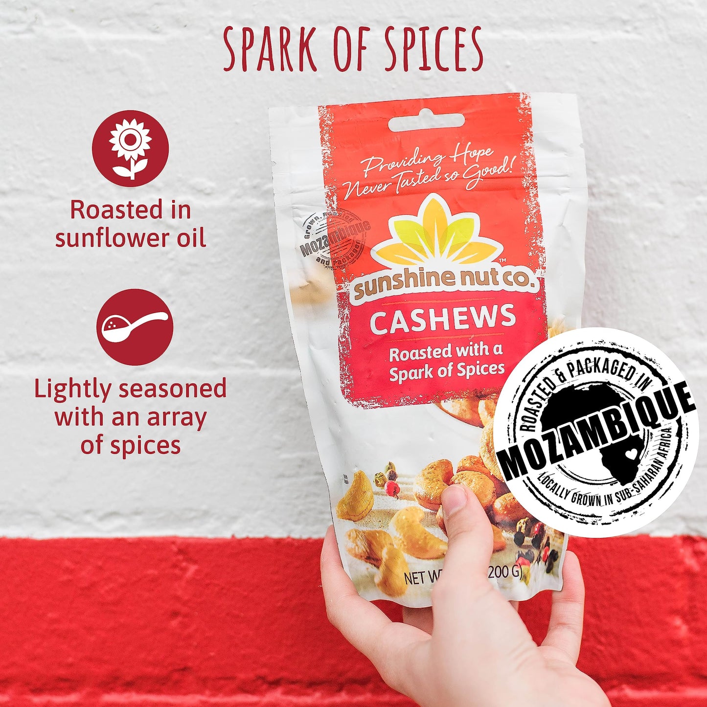 Sunshine Nut Company Whole Roasted Cashews, Spark of Spices Flavor, Single 7 oz. Bag, Gluten Free, Peanut Free and Vegan Individual Snack Packs