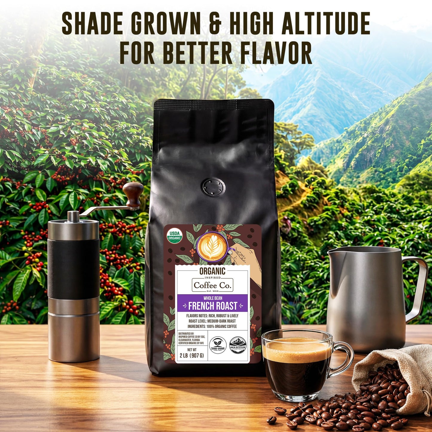 Inspired Coffee Organic Whole Beans Dark Roast Coffee, 2 lb (32 oz) French Roast Arabica - Super Crema, Smooth & Bold - Perfect for Espresso, Drip
