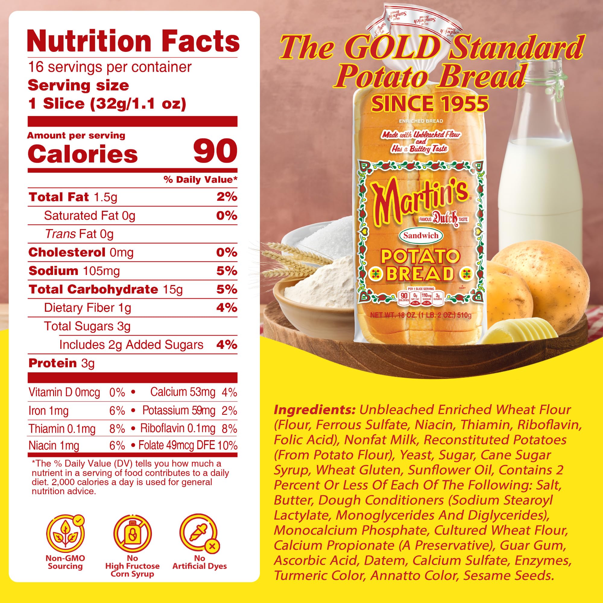 Martins Potato Bread - Soft & Sweet Fresh Sliced Bread with Golden Hue - Made with Nonfat Milk, High Protein Wheat Flour & Cane Sugar - Perfect