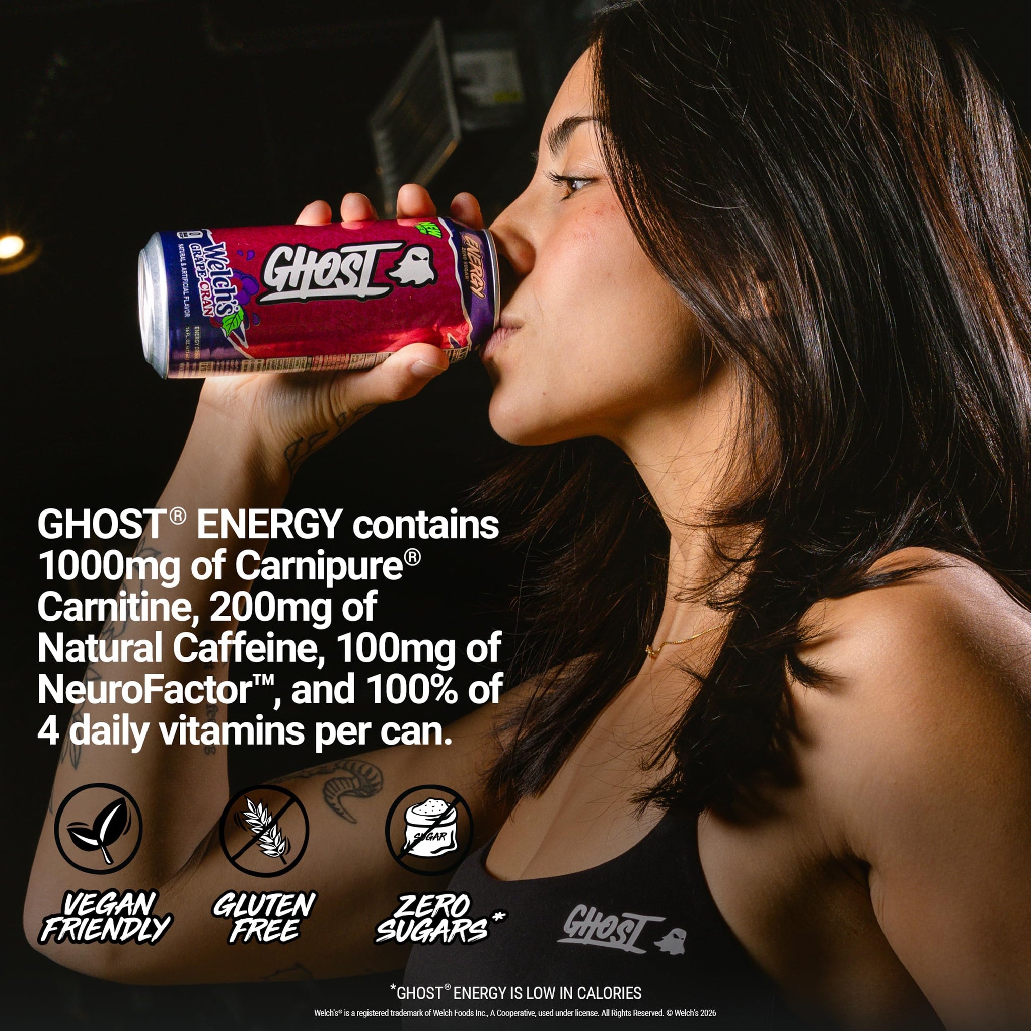 GHOST Energy Drink - 12-Pack, Welch's Grape-Cran, 16oz Cans - Energy & Focus & No Artificial Colors - 200mg of Natural Caffeine, L-Carnitine & Taurine