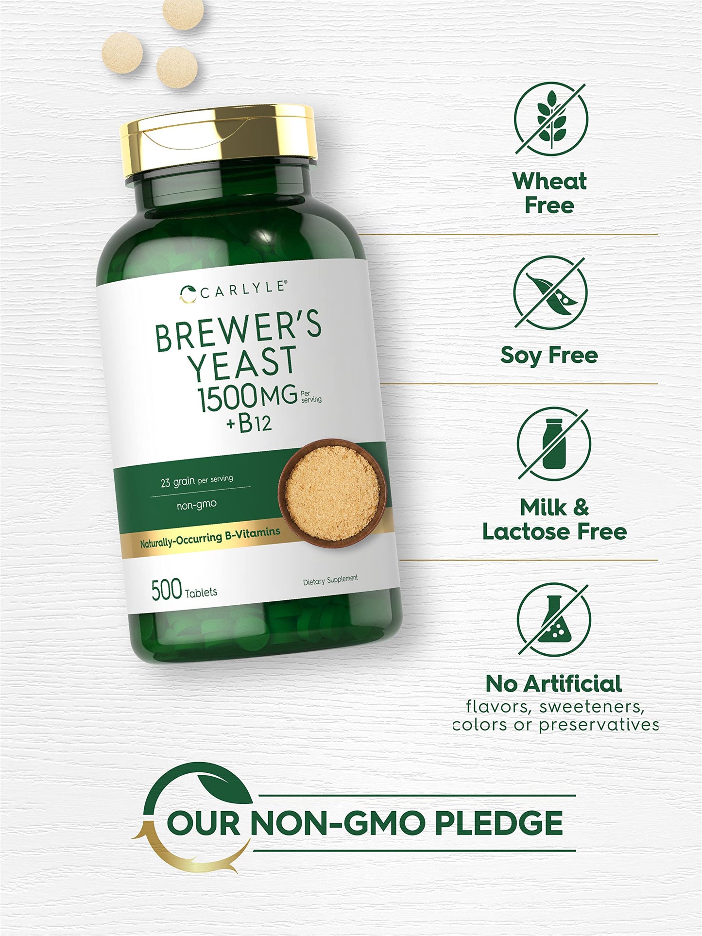 Carlyle Brewers Yeast Tablets with Vitamin B12 | 1500mg | 500 Count | Non-GMO & Vegetarian Supplement