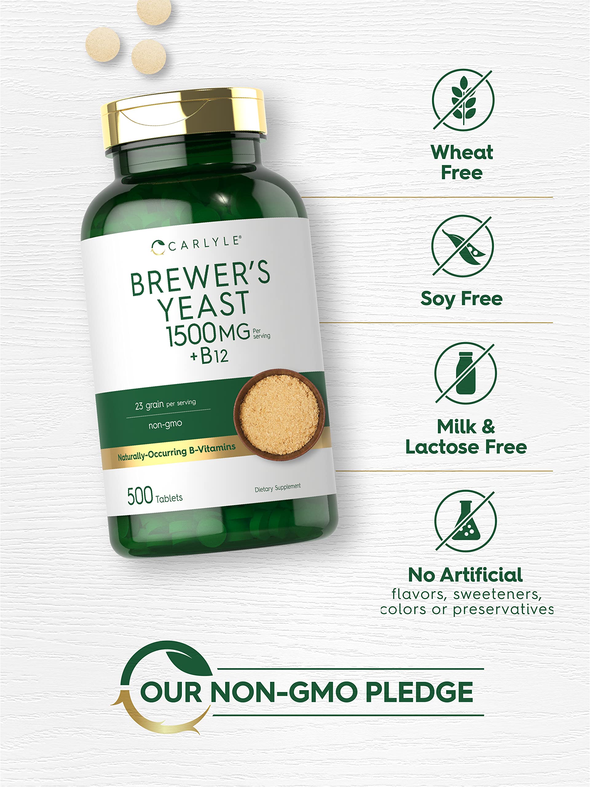 Carlyle Brewers Yeast Tablets with Vitamin B12 | 1500mg | 500 Count | Non-GMO & Vegetarian Supplement
