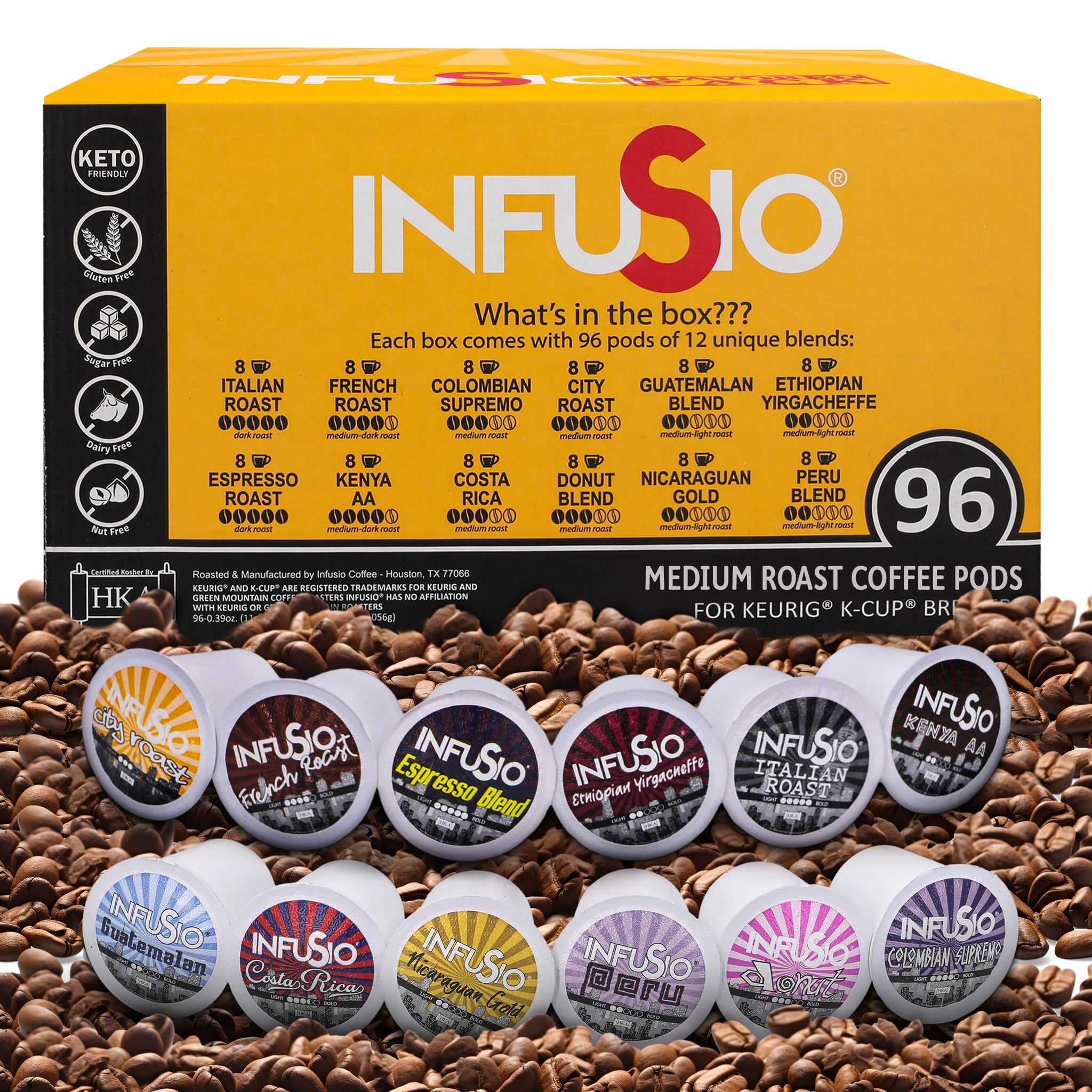 InfuSio Coffee Pods Variety Pack - 96 Count, 12 Sophisticated Medium & Dark Roast Blends, Crafted Blends Collection - Premium Single-Serve Coffee