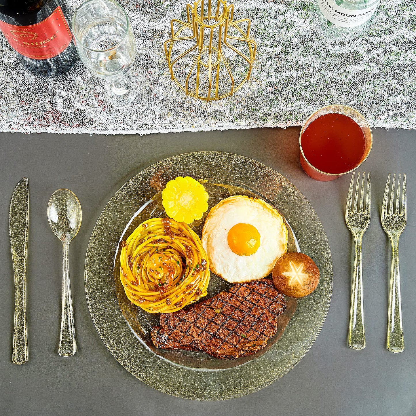 Vplus 150 pcs Gold Plastic Plates with Disposable Plastic Silverware, Cups, Gold Glitter Design includes Dinner and Salad Plates, Forks, Knives