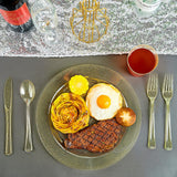 Vplus 150 pcs Gold Plastic Plates with Disposable Plastic Silverware, Cups, Gold Glitter Design includes Dinner and Salad Plates, Forks, Knives