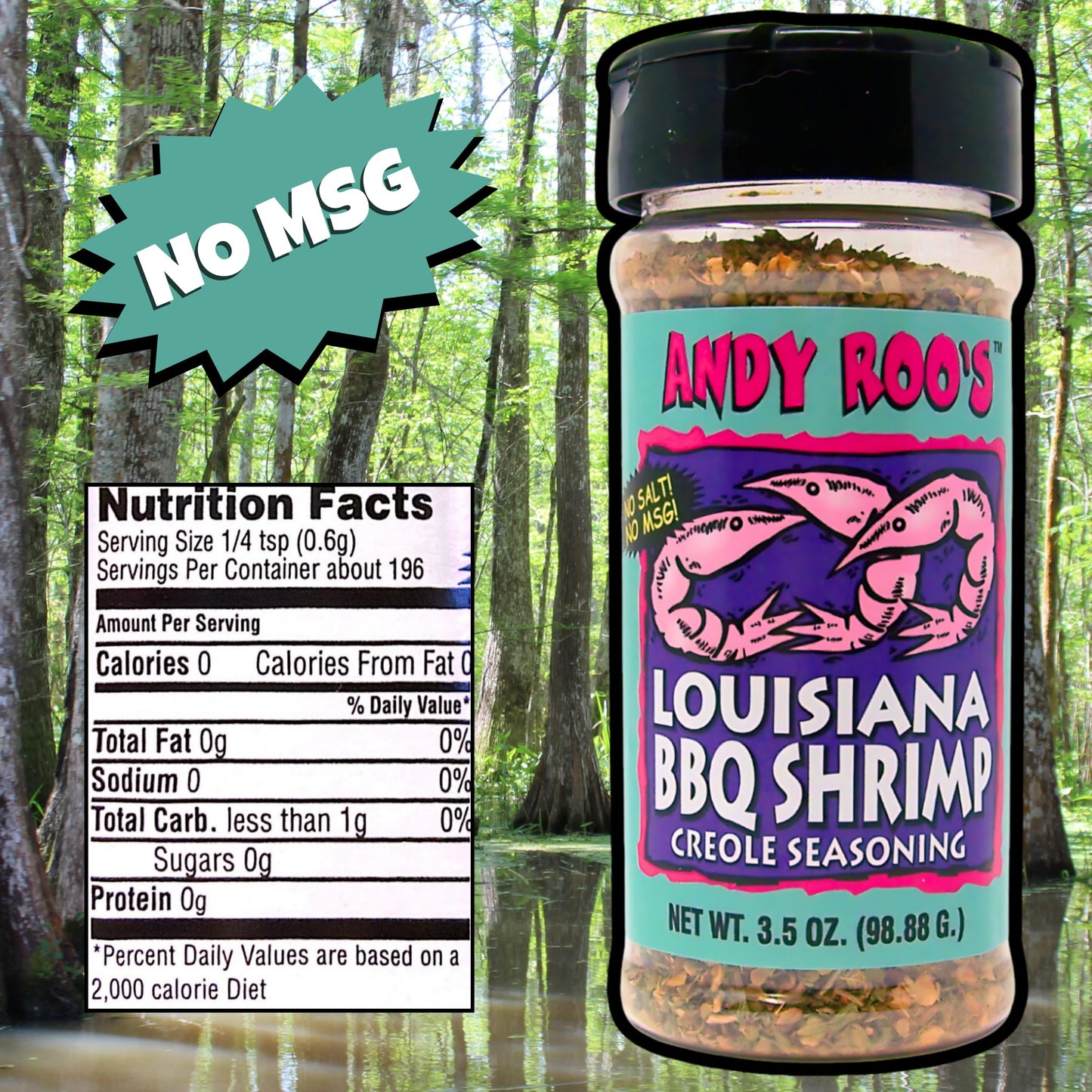 Andy Roo's No Salt No MSG Louisiana BBQ Shrimp Creole Seasoning, 3.5 Ounce Shaker