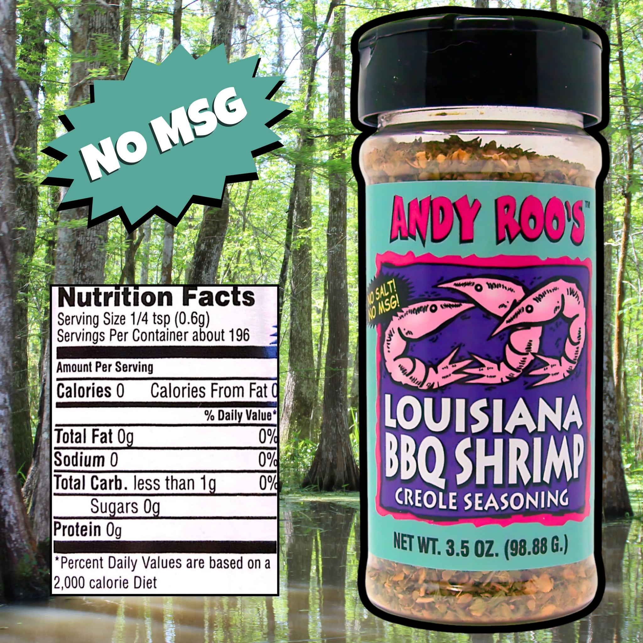 Andy Roo's No Salt No MSG Louisiana BBQ Shrimp Creole Seasoning, 3.5 Ounce Shaker