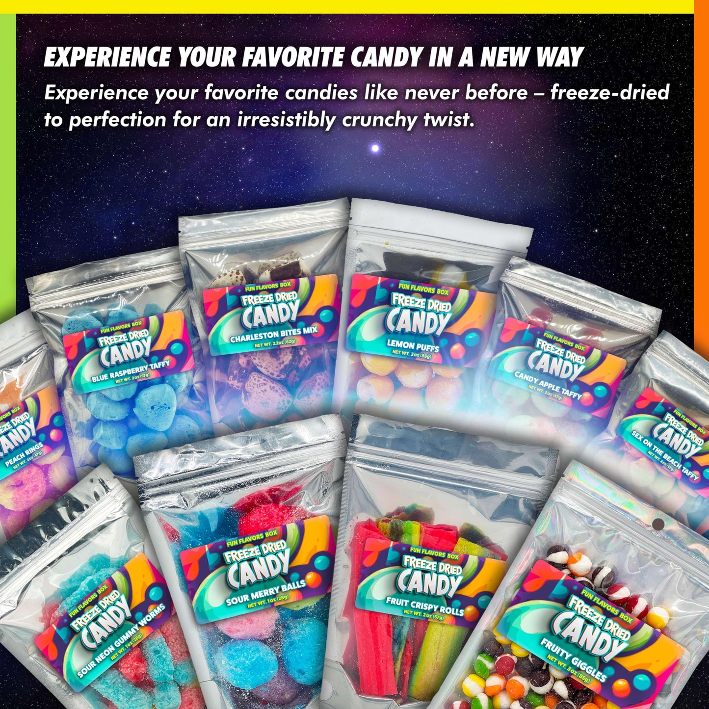 Fun Flavors Box Sugar Free Freeze-Dried Gummy Bears Variety Pack - Crunch Candy Treats, 1 oz