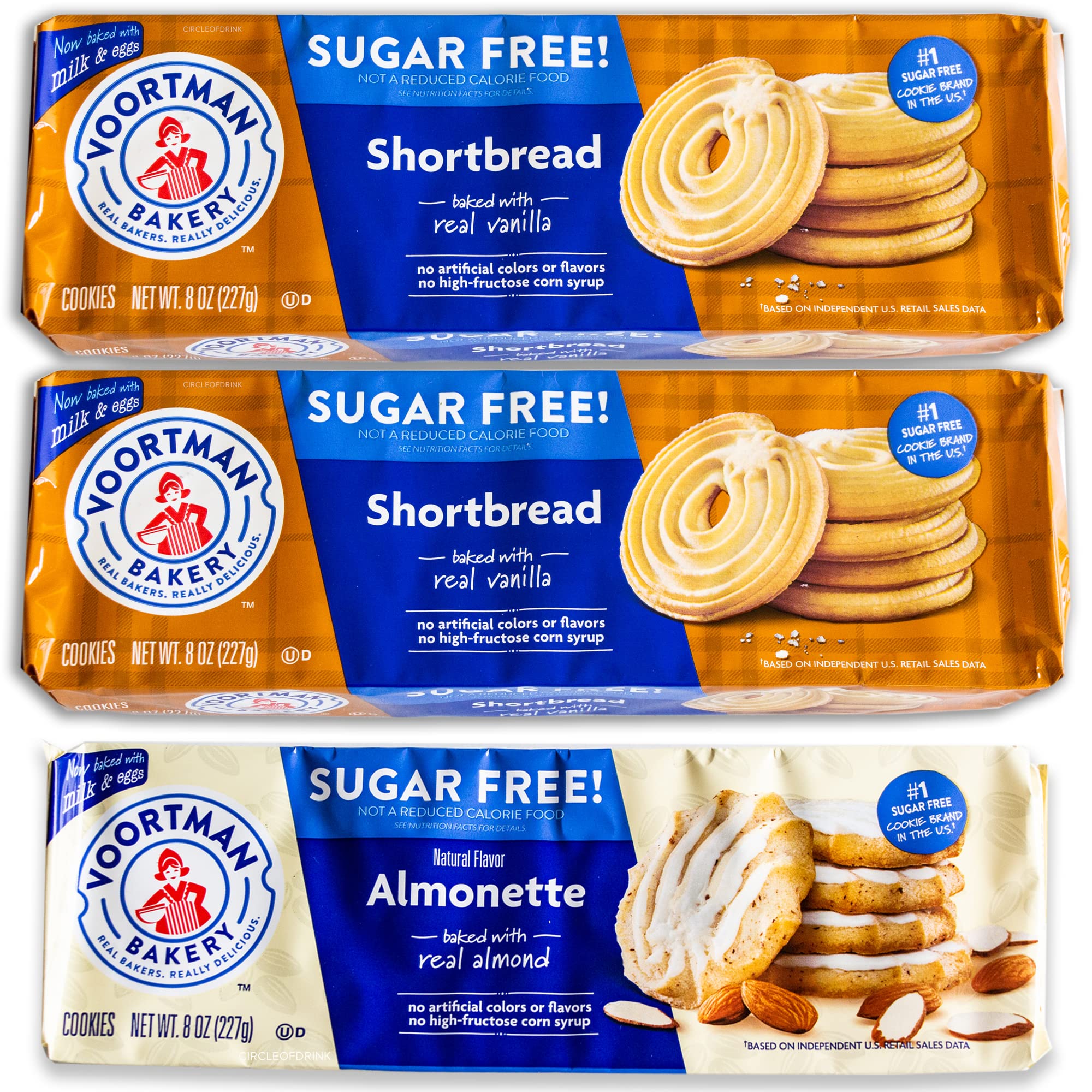 Voortman Sugar Free Cookies - Variety Pack - Shortbread Swirl (2, 8oz packs) - Iced Almonette (1, 8oz pack) - Made with Real Ingredients - 3 Packs