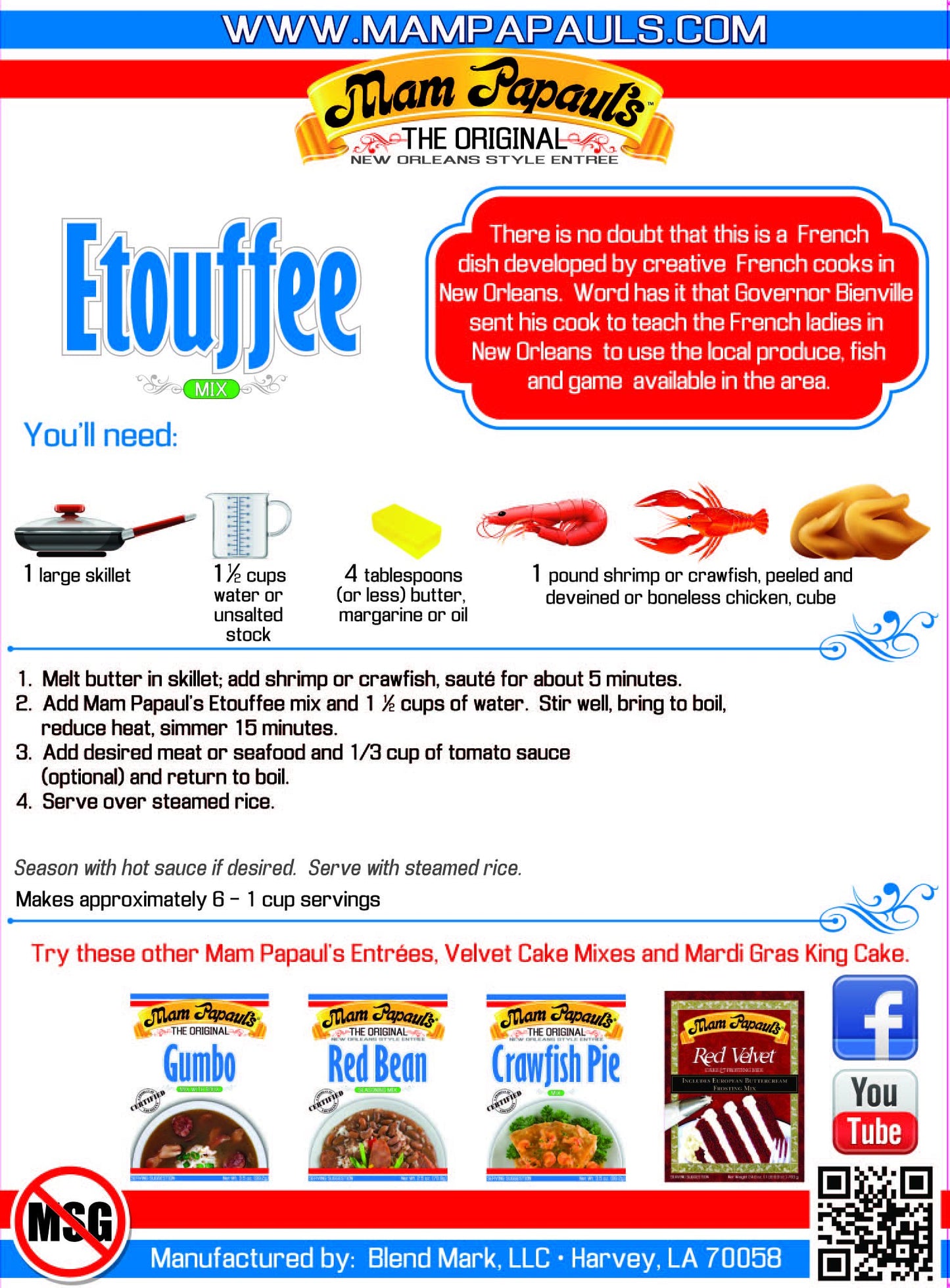 Mam Papaul's Etouffee Mix - 2.5 oz, Authentic Louisiana Creole Etouffee Sauce Base with Roux, Easy One-Pot Meal, Just Add Protein