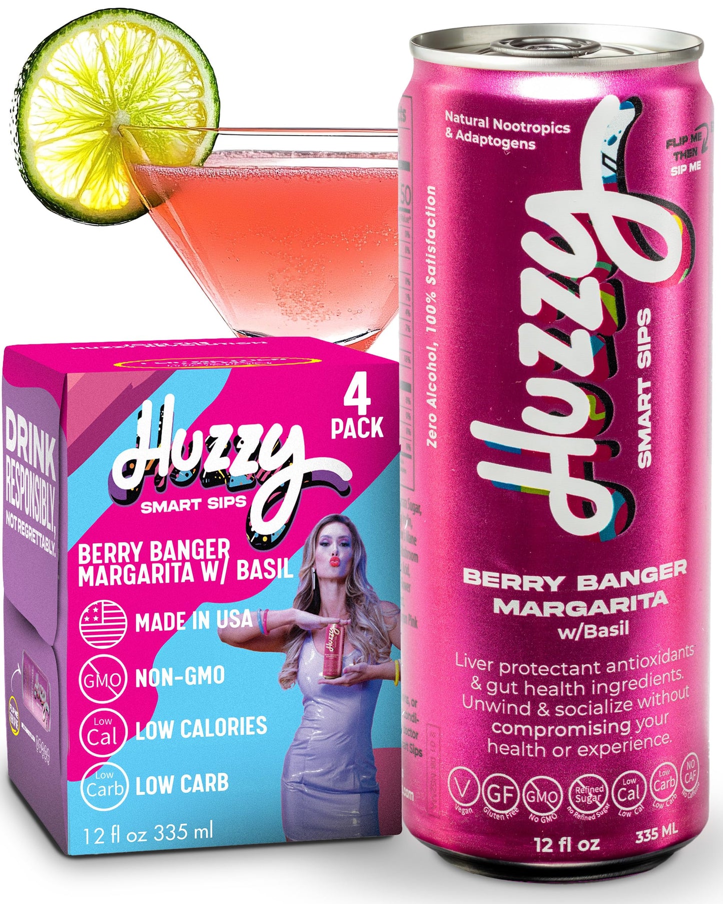 Huzzy Smart Sips Non Alcoholic Drinks - Berry Banger Margarita Inspired Beverage, Alcohol Free Functional Cocktails - Low Calorie, Low Carb, No
