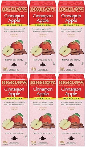 Bigelow Cinnamon Apple Herbal Tea Bags 28-Count Boxes (Pack of 6) Cinnamon Apple Hibiscus Flavored Herbal Tea Bags All Natural Non-GMO
