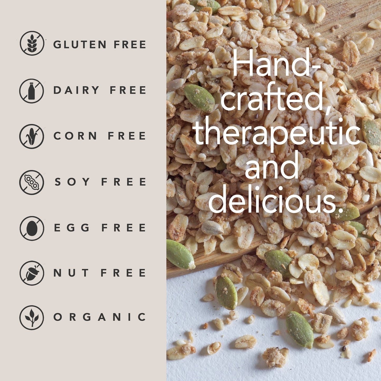 Organic granola cereal, Gluten, Dairy, Soy and Nut-Free. Deliciously Hand-Crafted for anti-inflammatory diets, sensitive diets. Dr Blum's Healing