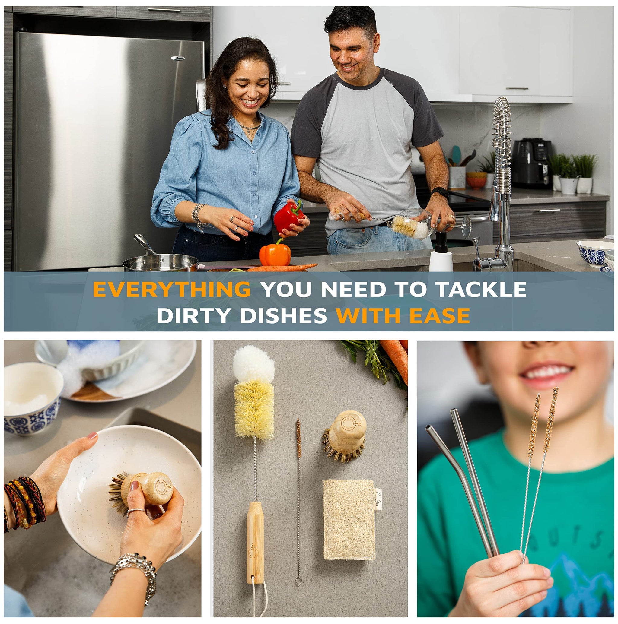 Bamboo Dish Brush Set - Eco Kitchen Cleaning Kit | Bottle Brush, Straw Brush, Scrubber & Sponge | Plastic-Free, Space-Saving, Sustainable