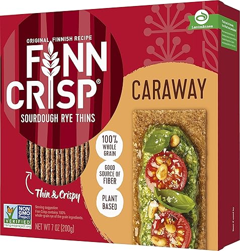 Finn Crisps Rye Crispbread with Caraway 7oz | Thin, Crispy Rye Flatbreads with Caraway | Authentic Finnish Sourdough Crispbread | Caraway Rye Crackers
