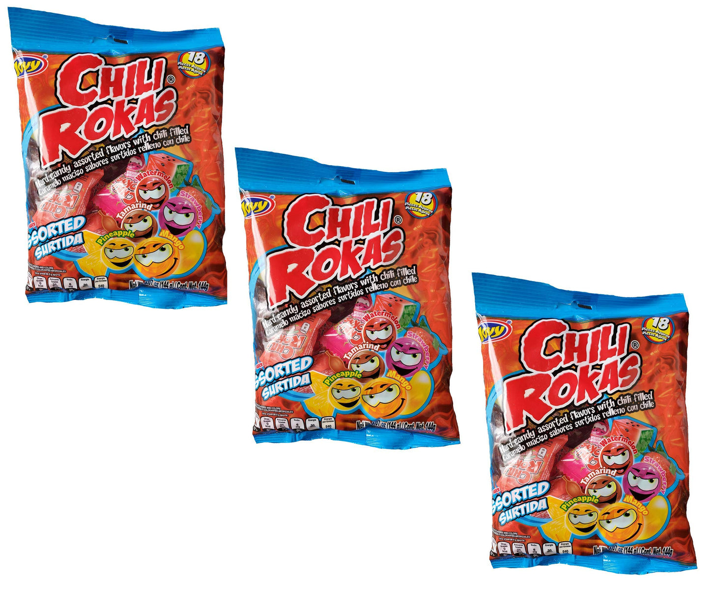 Chili Rokas Revolcadas (18 Pieces, 3 Pack), Assorted Mexican Candies, Sweet and Sour Hard Candy Pieces, Mexican Party Supplies, Chili-Covered Snacks
