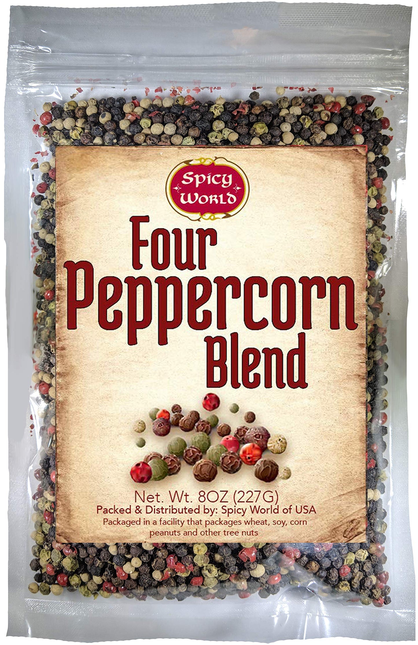 Spicy World Four Peppercorn Rainbow Blend in Resealable Bag - Perfect Flavor Blend - NON-GMO, Steam Sterilized - Whole Black, Whole Green, Whole White