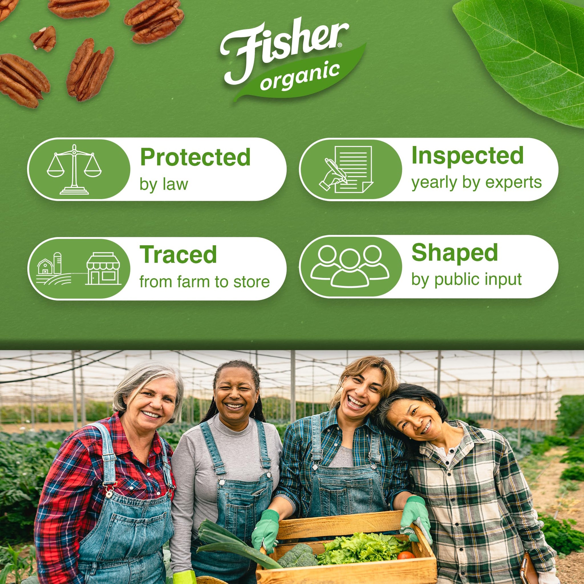 Fisher Organic Pecans Halves 16 oz, USDA Certified Organic, Unsalted Raw Pecans, North American Grown, Non-GMO, No Preservatives, Keto & Paleo