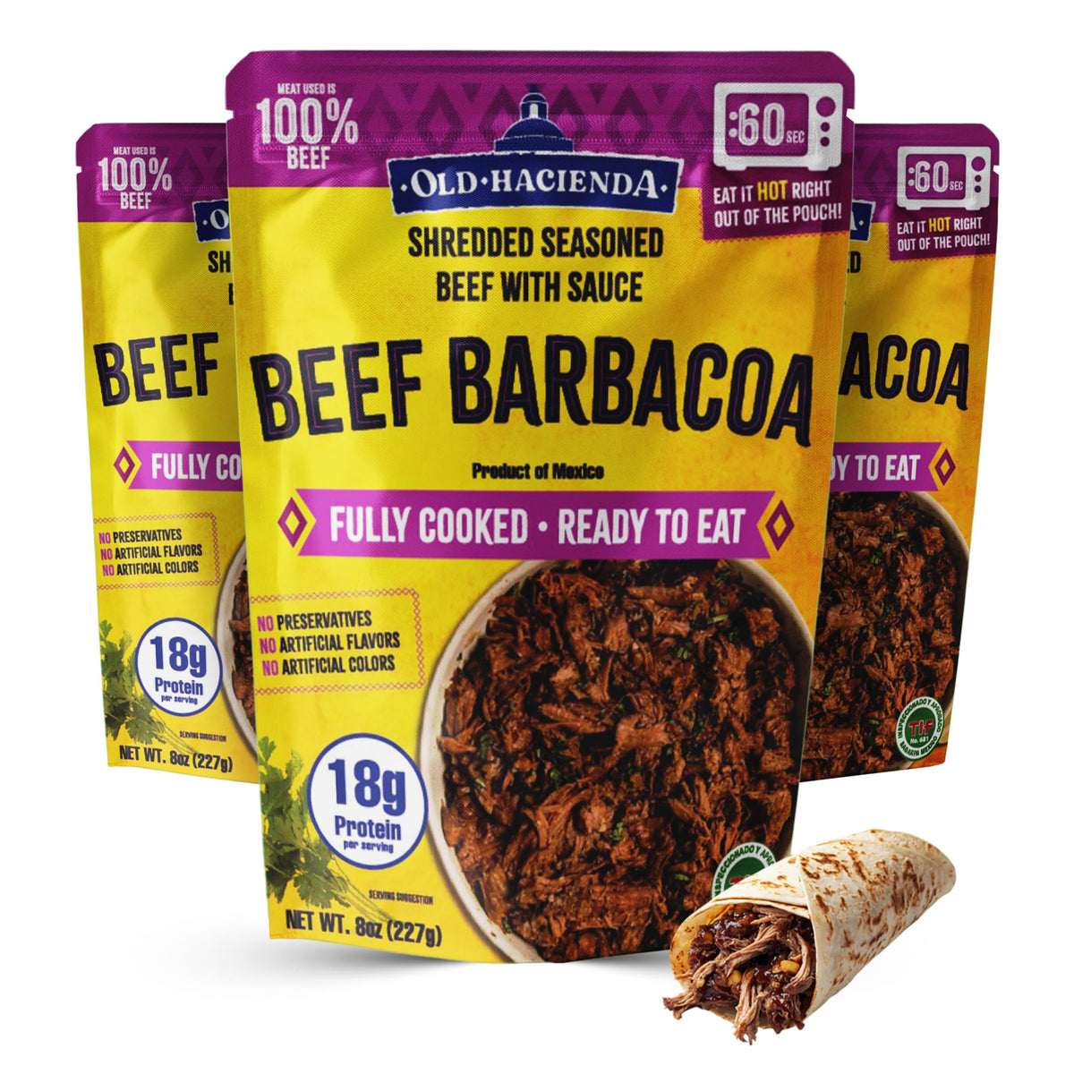 Old Hacienda Beef Barbacoa, | 100% Shredded Seasoned Beef with Sauce | Fully Cooked & Ready to Eat | 18g Protein | No Preservatives, Artificial