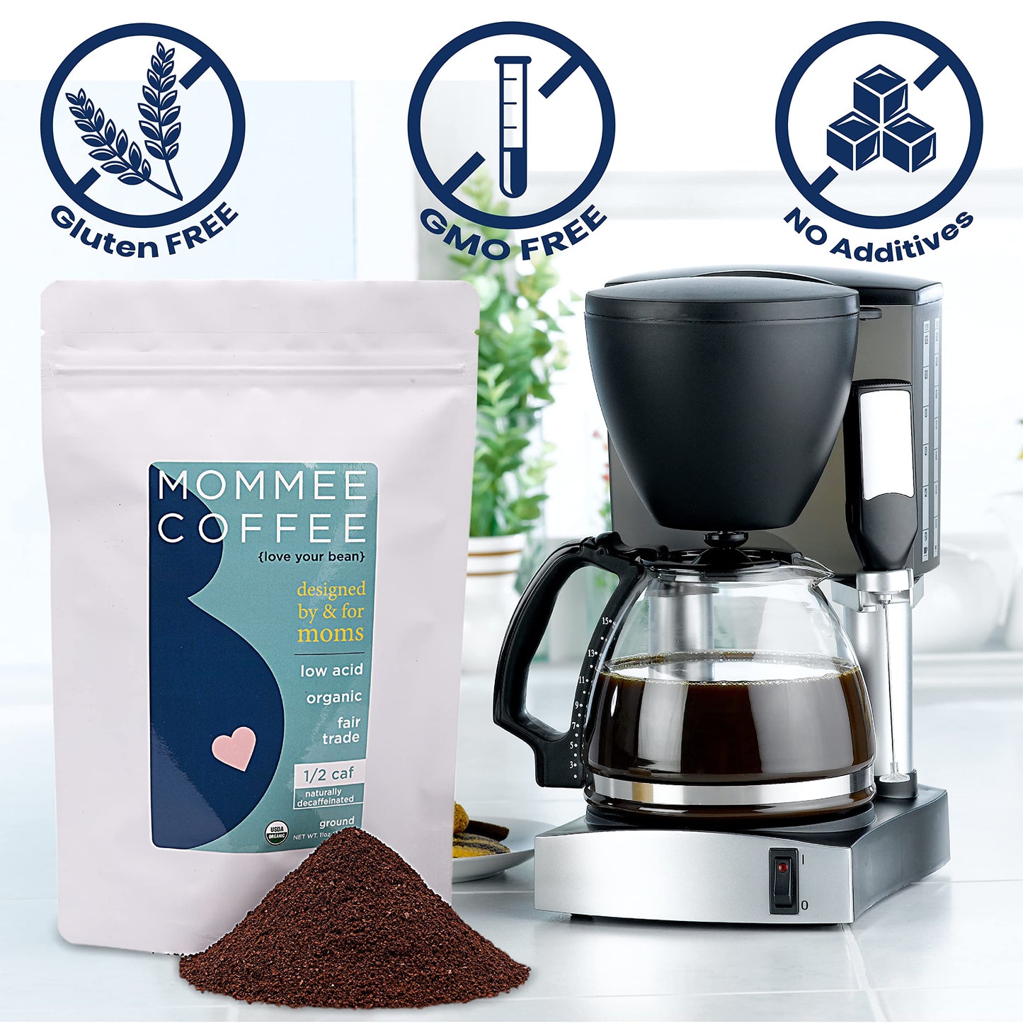 Mommee Coffee Half Caf Ground Low Acid Coffee - 100% Arabica Organic Coffee Beans with Smooth Caramel Flavor - Medium Grind for Drip, Reusable One Cup
