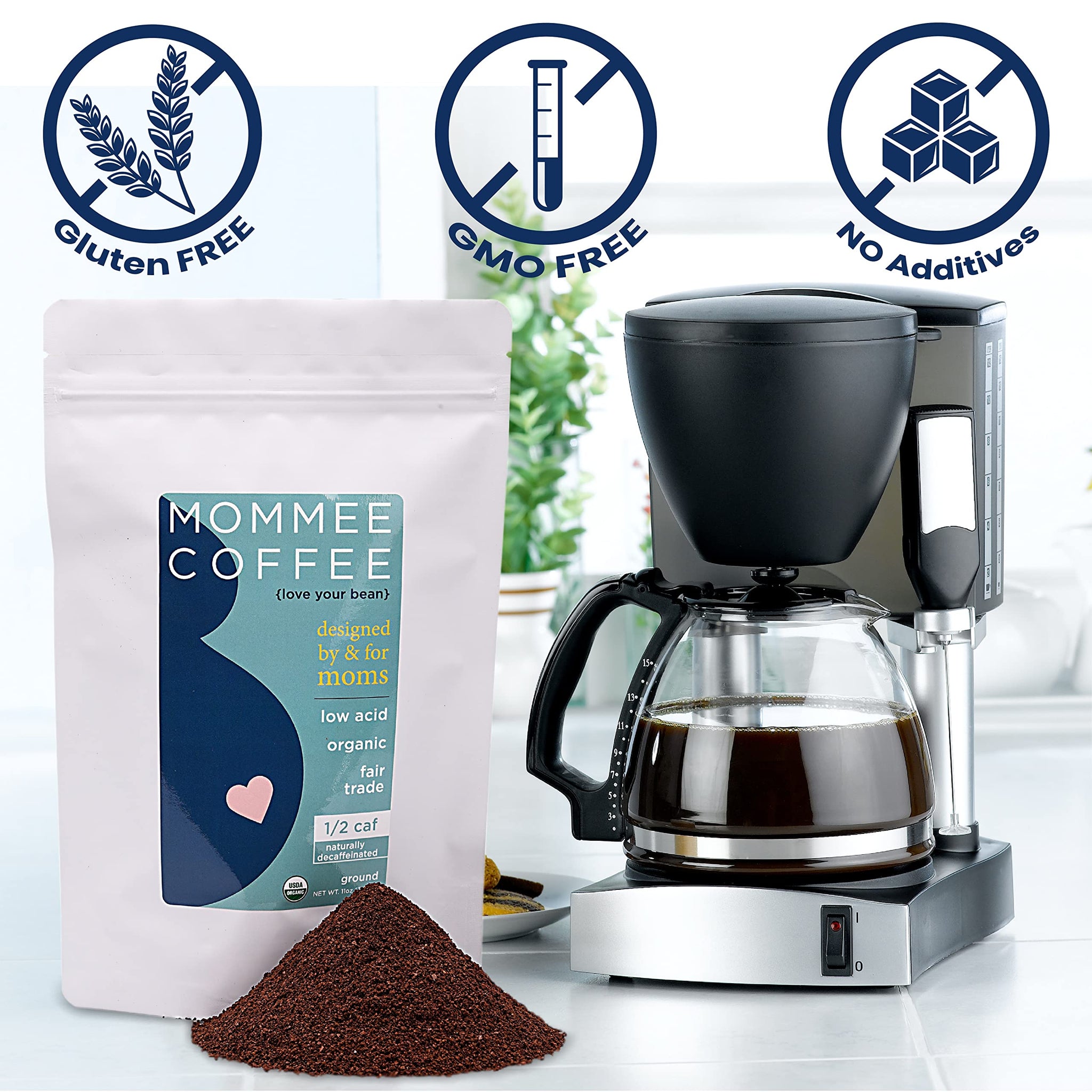 Mommee Coffee Half Caf Ground Low Acid Coffee - 100% Arabica Organic Coffee Beans with Smooth Caramel Flavor - Medium Grind for Drip, Reusable One Cup