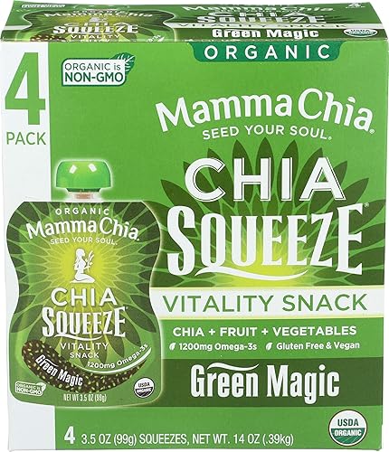 Mamma Chia Organic Vitality Squeeze Snack, Green Magic, USDA Organic, Non-GMO, Vegan, Gluten Free, and Kosher. Fruit and Vegetables with only 70