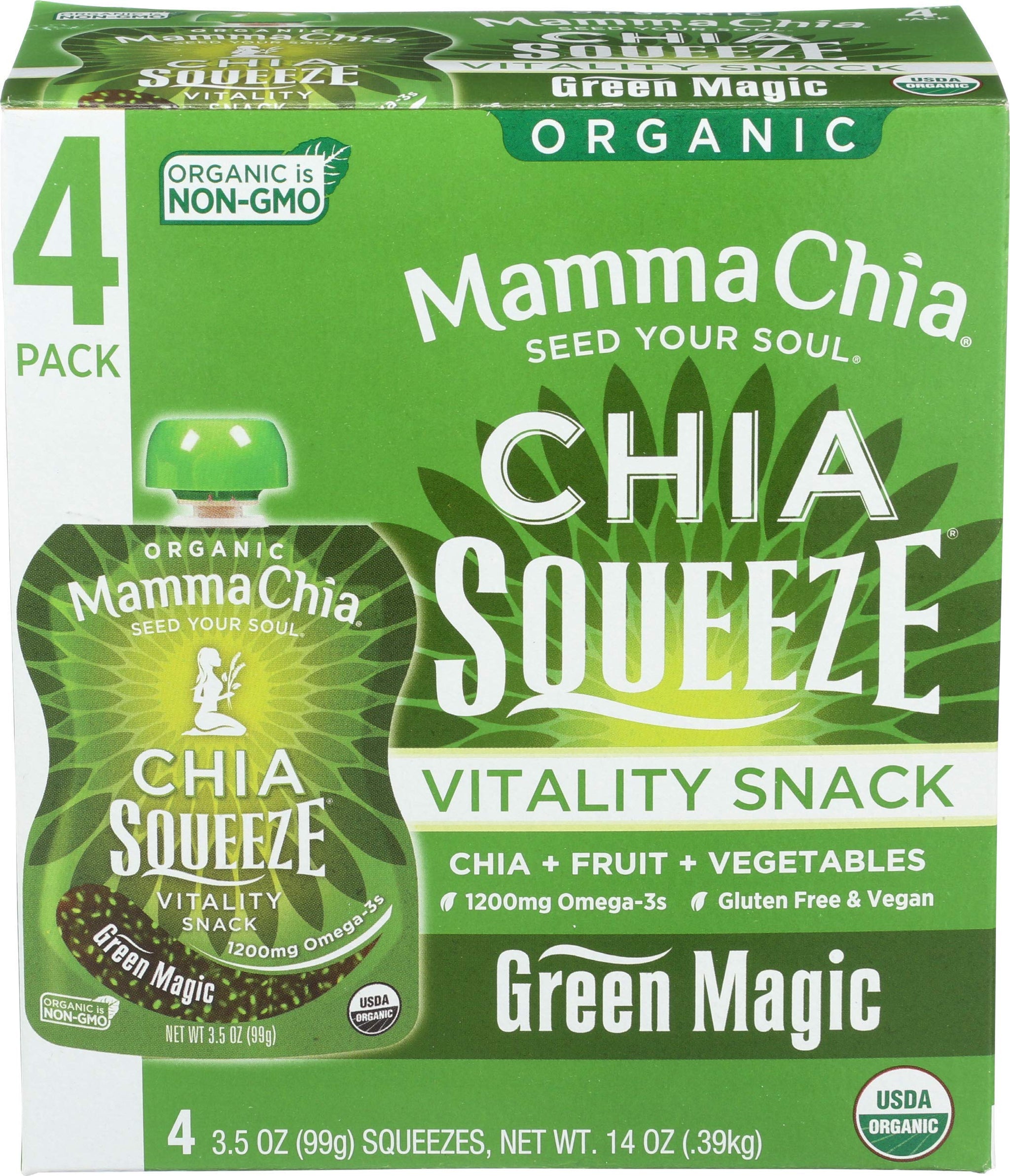 Mamma Chia Organic Vitality Squeeze Snack, Green Magic, USDA Organic, Non-GMO, Vegan, Gluten Free, and Kosher. Fruit and Vegetables with only 70