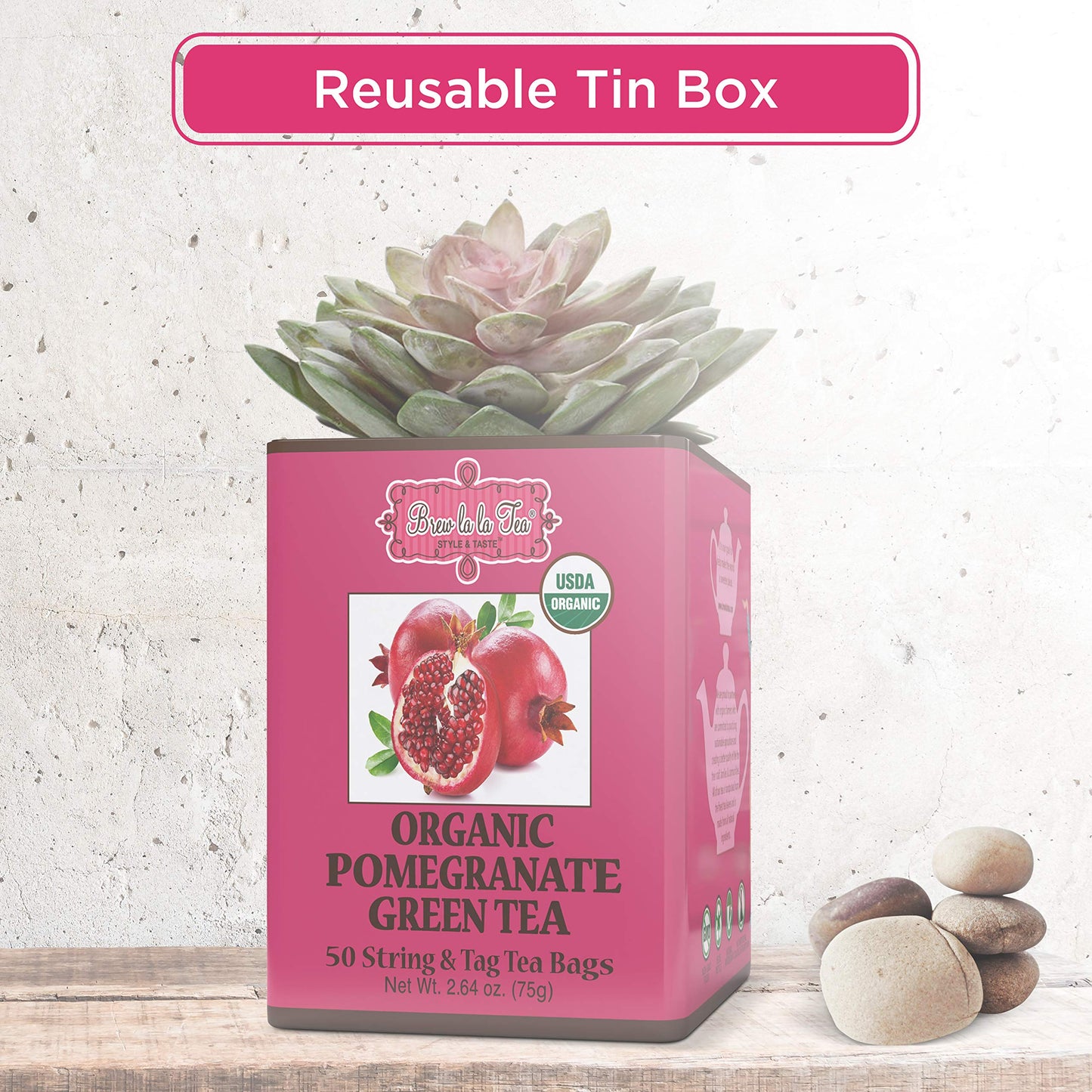 Brew La La Organic Green Tea - Pomegranate Flavor - 50 Tea Bag Tin - Low Caffeine - USDA Certified Organic