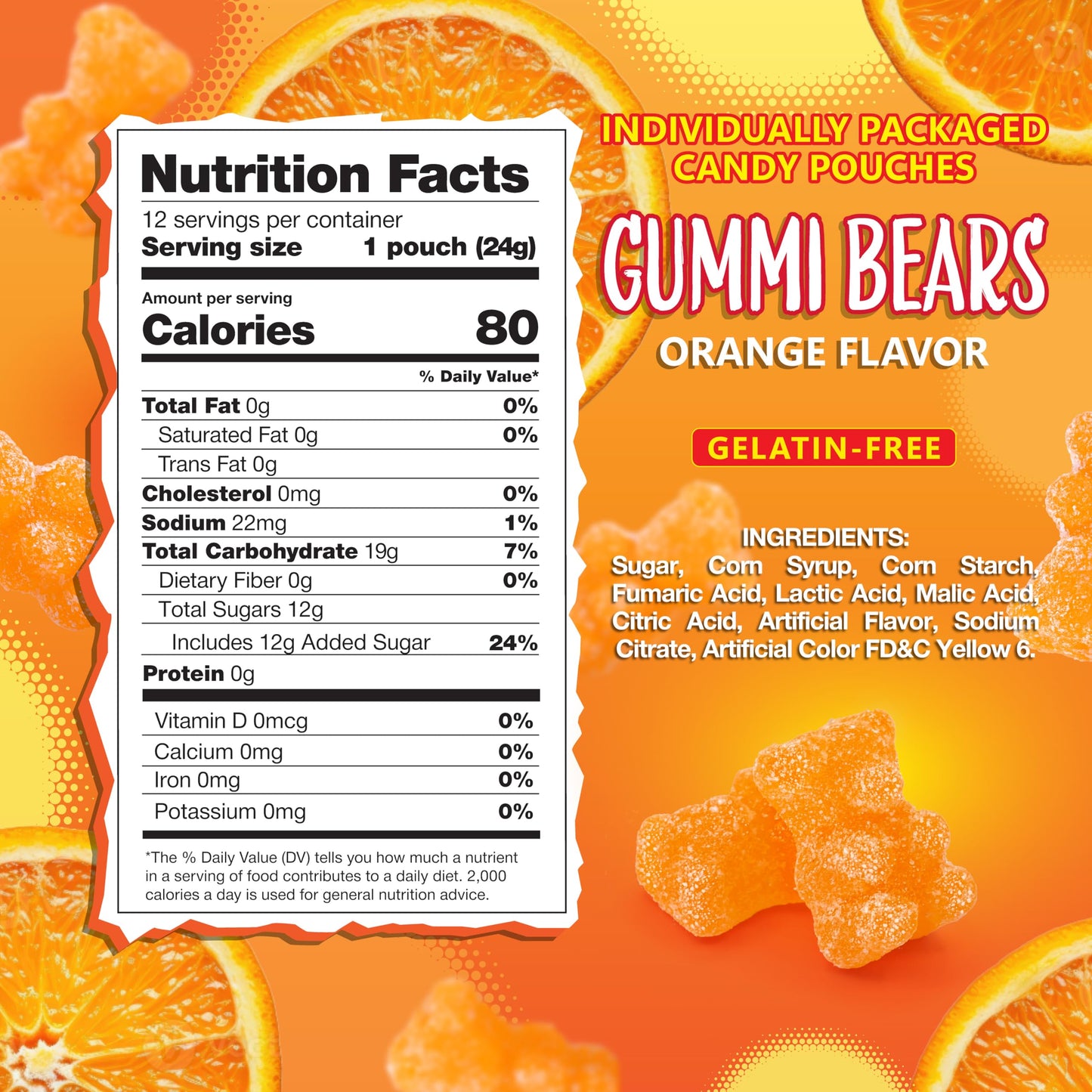 Sour Bears Gummy Candy | 12 Packs | Orange Gummies for Lunchbox Snacks, Goodie Bags & Candy Buffets | Gelatin Free Sour Gummies | Individually Wrapped