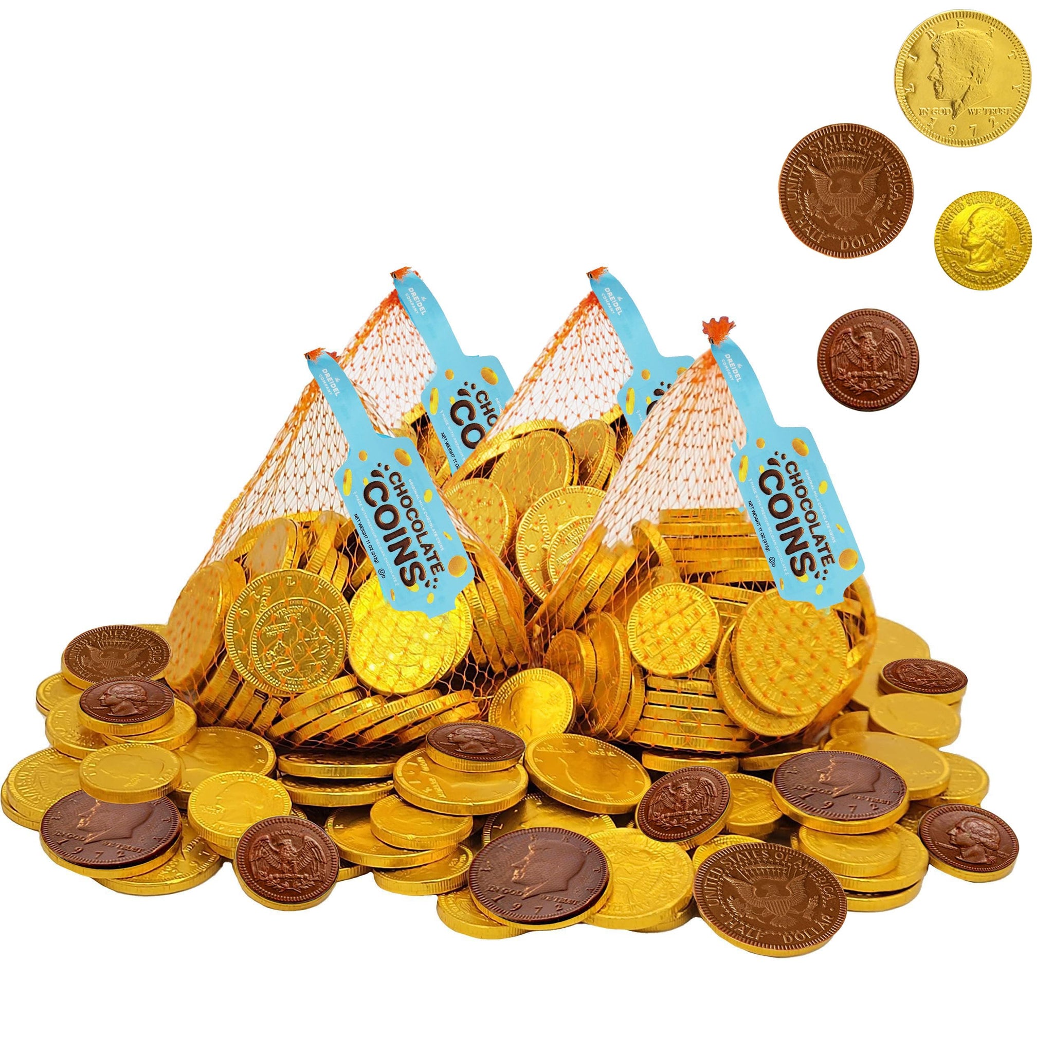 Milk Chocolate Coins, 4 Large Mesh Bag, 70 Half Dollars Per Bag Total 280 Coins for ST. Patrick's Day Made with Premium Nut-Free Belgian Chocolate