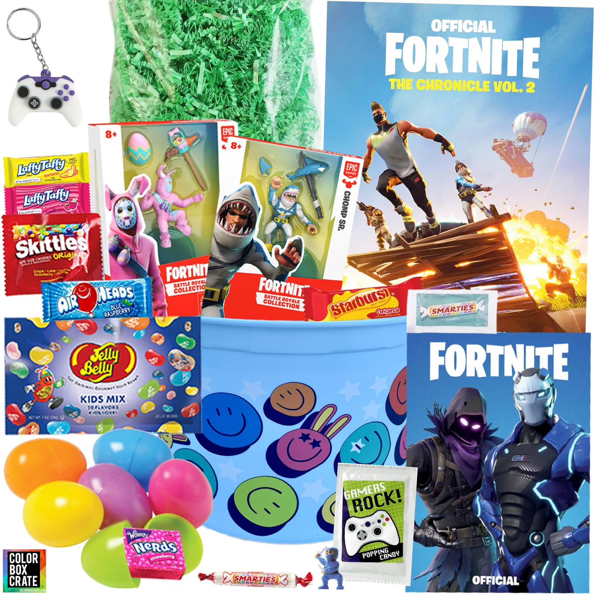 ColorBoxCrate Battle Royale Easter Basket DIY 25+ Pieces with Battle Royale Action Figures, How to Draw Book, Gaming Journal, Gamer Easter Candy