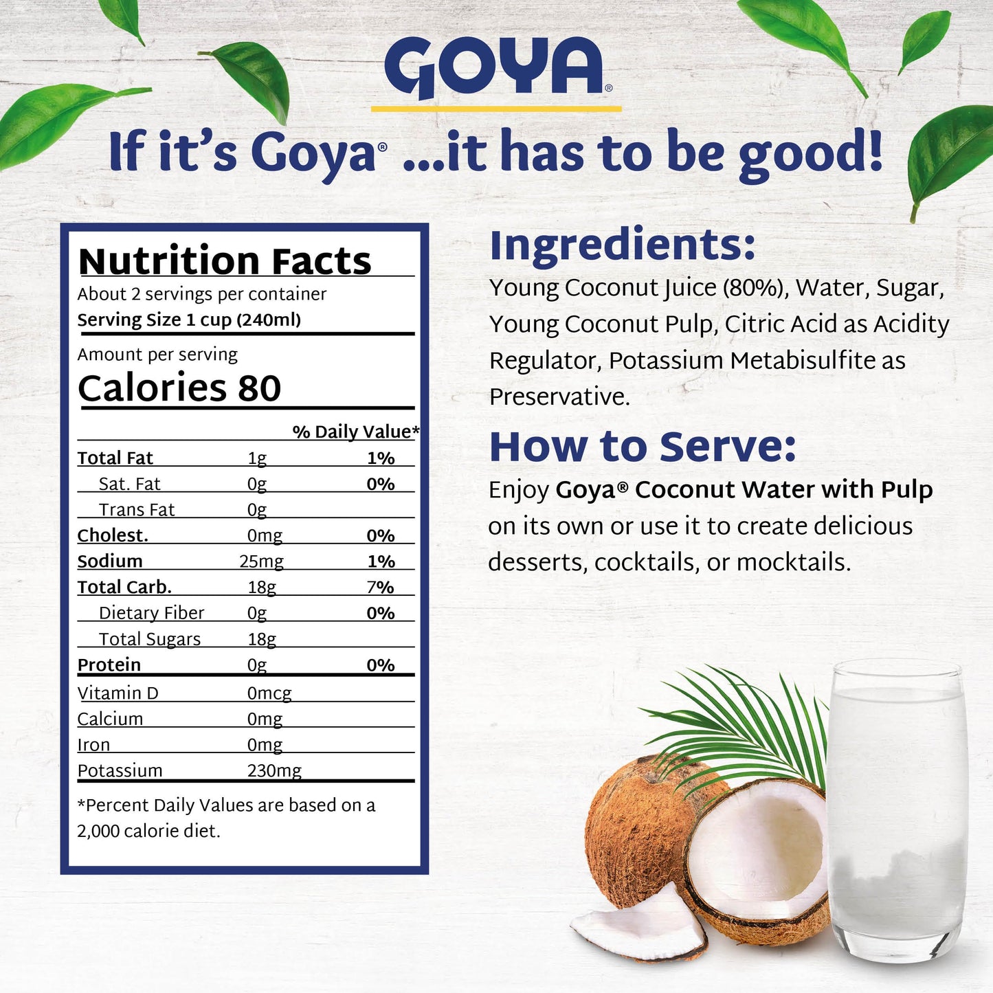 Goya Pure Coconut Water with Pulp, Tropical Hydration with Real Fruit, Great for Smoothies, Snacks, and Post-Workout Drinks, 2-Pack (17.6 oz Cans)